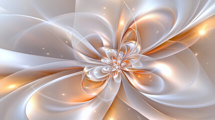 Abstract digital flower artwork with white and gold fractal petals design