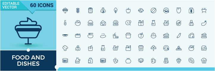 Food line icon collections. Contains such icons as egg, healthy, bottle, milk, and, fresh, bakery and more. Minimalist thin linear icon. Editable vector icon and illustration.
