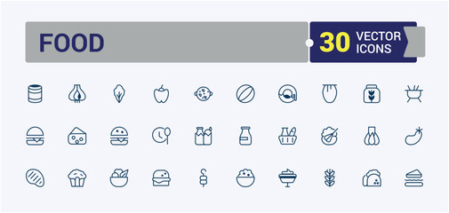 Food icon set. Related to cheese, meat, bottle, egg, roll, cup, cooking, nut. Set of line pictogram. Vector illustration in modern line style.
