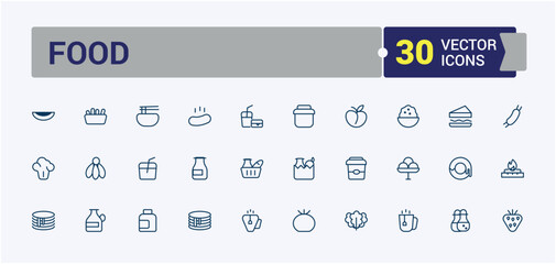 Food icon set. Related to cheese, meat, bottle, egg, roll, cup, cooking, nut. Set of line pictogram. Vector illustration in modern line style.