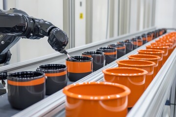 Robotic Arm Painting Process in Modern Manufacturing Facility Showcasing Precision and Automation in Production Line with Colorful Plastic Buckets