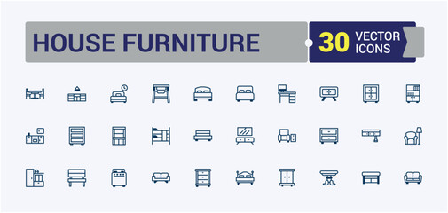 House Furniture icons. Featuring interior, house, elements, sofa, decoration, shelving, decor. Minimalist thin linear icon. Vector outline and solid icons collection.