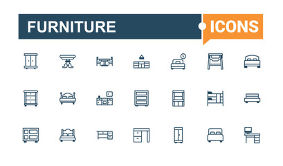 Furniture vector line icon set. Featuring chair, sheet, interior, desk, mirror, bathroom and more. Modern thin icons. Vector outline and solid icons collection.