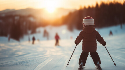 A little boy is skiing down a snowy slope at sunset