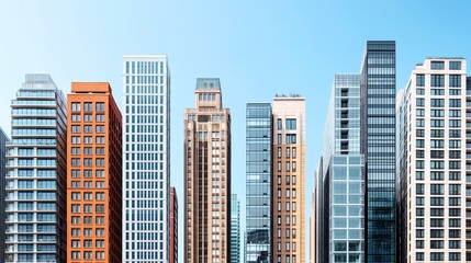 Obraz premium Panoramic cityscape featuring diverse modern skyscrapers against a clear sky, showcasing various architectural styles and materials in an urban skyline.
