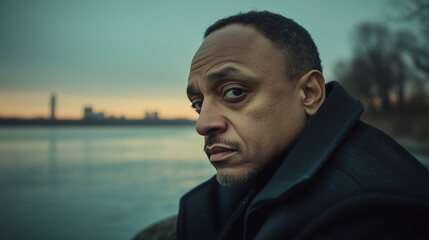 Fototapeta premium A close up shot of an African American man looking at the camera with a lake background