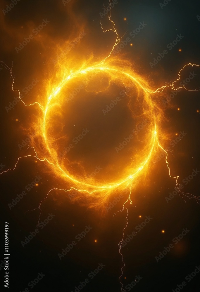 Poster yellow abstract plasma lightning ring with glowing particles swirling in dark sky fantasy concept ar