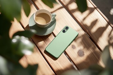 Serene Morning Scene with Green Smartphone and Coffee Cup Surrounded by Greenery on Sunlit Wooden Table Creating a Relaxed Atmosphere