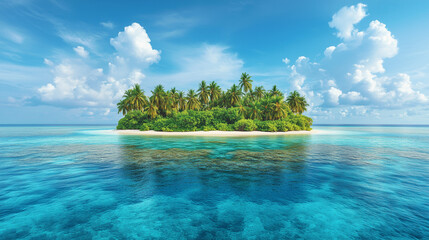 A beautiful little island full of palm trees and fine sandy beaches in the middle of the transparent, turquoise blue waters of the ocean.