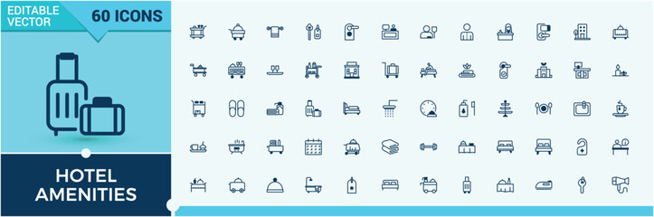 Hotel Amenities icon set. Featuring break, taxi, food, receptionist, single bed, swimming and more. Flat UI icon design. Solid line editable stroke.