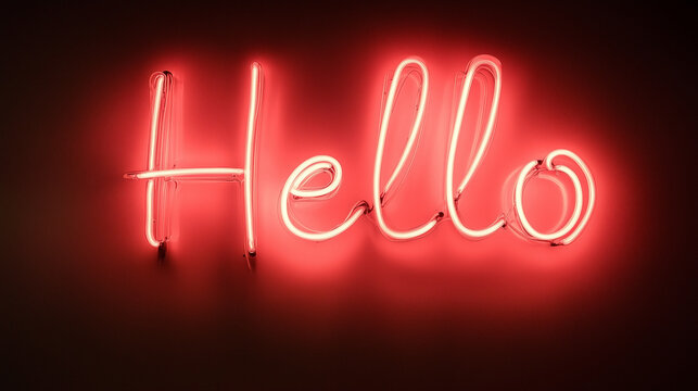 A red neon sign saying Hello on a dark wall