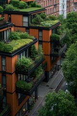 Fototapeta premium Modern Eco-Friendly Apartment Building with Green Roofs in Urban Landscape - Sustainable Architecture and Serene Environmental Design