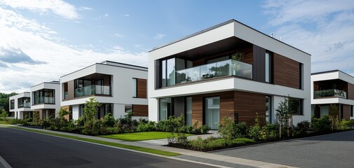 Modern Elegance Tranquil Residential Street with Stylish Townhouses, Lush Greenery, and Serene Ambiance - Ideal for Real Estate, Architecture, and Design Promotions