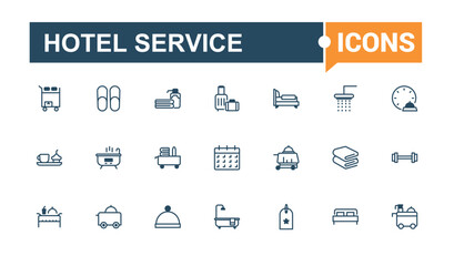 Hotel Service icon set. Contains related to taxi, room, hospitality, pool, rent, elevator and more. Minimal linear icons. Editable vector icon and illustration.