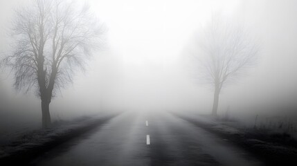 Fototapeta premium Foggy Road Between Bare Winter Trees