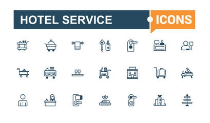 Hotel Service icon set. Contains related to taxi, room, hospitality, pool, rent, elevator and more. Minimal linear icons. Editable vector icon and illustration.