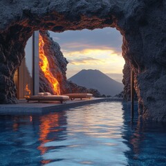 Naklejka premium Serene Tropical Landscape with Volcano and Stone Archway at Sunset