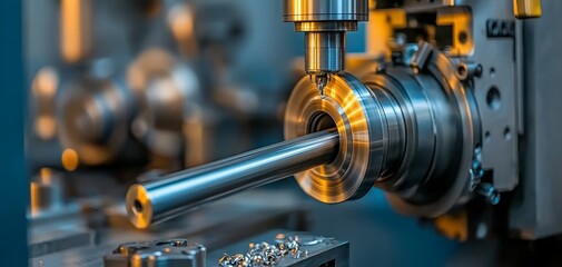 Precision Metalworking in Industrial Workshop Close-up Machining of Shiny Steel Rod on CNC Lathe, Industrial Efficiency Concept