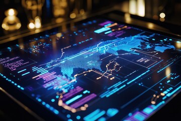 Fototapeta premium Macro shot of a holographic display showing global trade flows and economic data points.