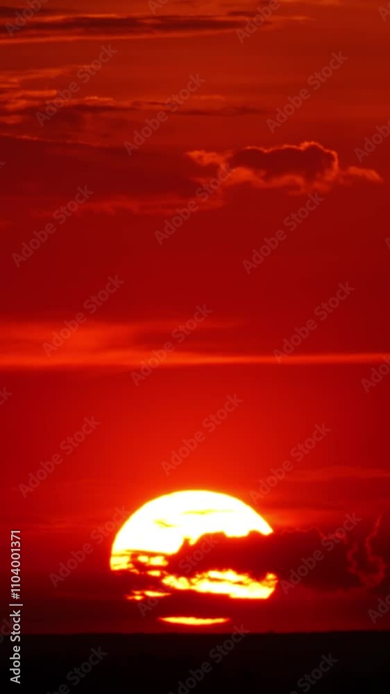 Wall mural timelapse with dramatic red sunrise on dark cloudy sky. vertical video