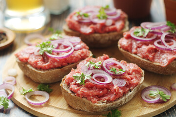 Traditional German sandwiches with minced meat Mettbroetchen