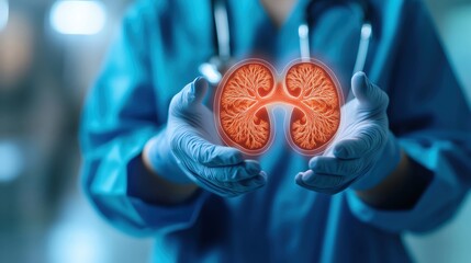Medical professional holding a glowing kidney model in a clinical environment.