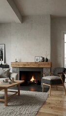 3D Scandinavian living room with a fireplace and airy atmosphere.