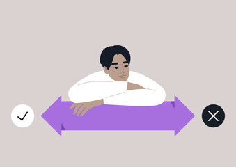 A person reflects deeply while contemplating decisions, surrounded by contrasting yes and no symbols, This thoughtful moment showcases the essence of choice and contemplation.