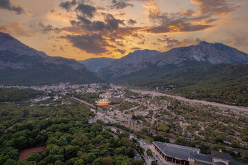 Fototapeta premium Kemer city beach aerial panoramic view. Kemer is a seaside resort town in Antalya Province in Turkey.