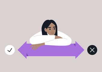 A person reflects deeply while contemplating decisions, surrounded by contrasting yes and no symbols, This thoughtful moment showcases the essence of choice and contemplation.