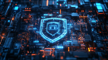 Obraz premium luminous shield representing cybersecurity embedded in digital circuit, showcasing advanced technology and protection. vibrant blue and orange colors create striking visual impact