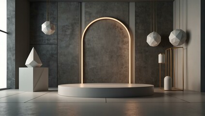 3D studio with geometric shapes and a podium, perfect for product displays.