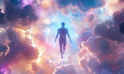 Mystical Figure Ascends Among Ethereal Colorful Clouds