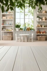 Fototapeta premium Soothing Wood Grain Tabletop in Child's Playroom - Soft Focus, Serene Atmosphere
