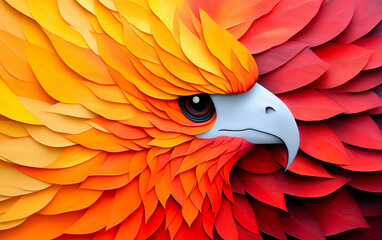 Fototapeta premium A vibrant close-up of a stylized bird, featuring layers of orange and yellow paper, showcasing intricate details and a striking gaze.