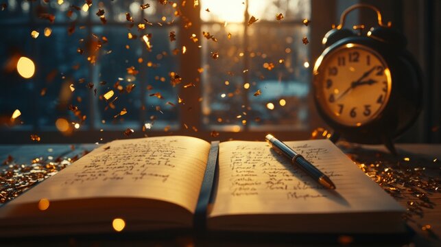 Open book with glowing lights and antique alarm clock on wooden table