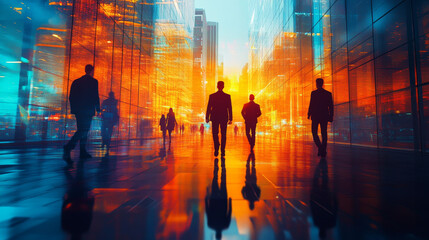 Futuristic business team walking through glowing cityscape, showcasing silhouettes against vibrant urban lights. scene evokes sense of innovation and collaboration