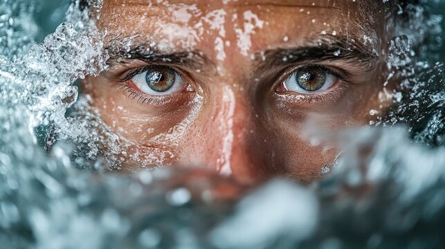 Closeup of man with intense eyes breaking through icy water surface