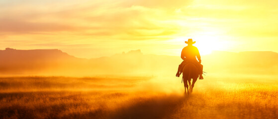 A lone cowboy rides into a golden sunset, surrounded by misty landscapes that evoke a sense of adventure and tranquility.