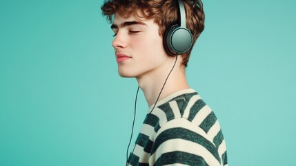 A person wearing headphones and a striped shirt enjoys his favorite music