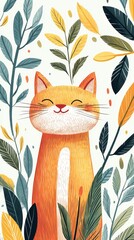 Small joyful cat, in the style of minimalistic drawings, ultrafine detail
