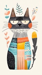 Small joyful cat, in the style of minimalistic drawings, ultrafine detail