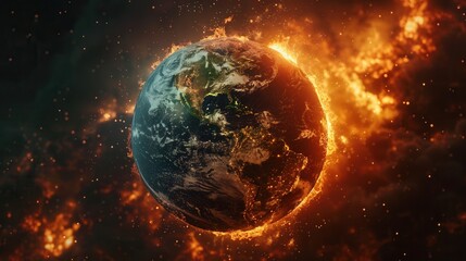 Fototapeta premium A fiery depiction of Earth surrounded by flames, symbolizing environmental change and cosmic phenomena.