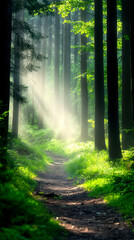 Obraz premium A serene forest path illuminated by soft rays of sunlight filtering through tall trees, creating a peaceful and enchanting atmosphere.