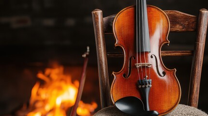 Fototapeta premium Beautifully Crafted Violin Resting on a Wooden Chair in Front of a Glowing Fireplace, Highlighting Traditional Elegance and Artistic Mastery, Perfect for Music Themes