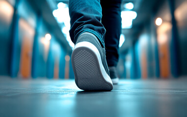 A close-up view of a person walking in a corridor, showcasing sneakers and blue-toned surroundings.