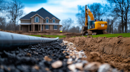 Obraz premium The foundation of a house rises in the background as a sewer pipe is installed in a well-prepared trench lined with compacted soil and gravel.