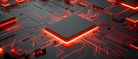 A close-up view of a circuit board featuring glowing red pathways and a central processor, emphasizing technology and innovation.