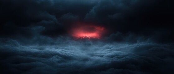  dark and ominous scene of a stormy sky. The sky is filled with dark clouds, and the clouds are illuminated by a bright red light that appears to be a lightning bolt.
