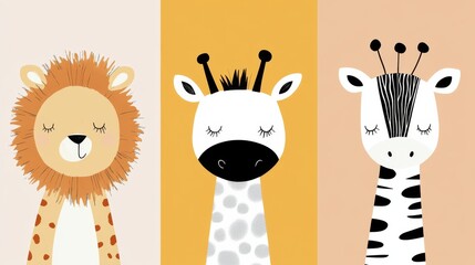 Triptych, for a childrens bedroom. pictures of cute lion, a giraffe, a zebra. cute simple scandi styling. animals eyes are closed like they are sleeping